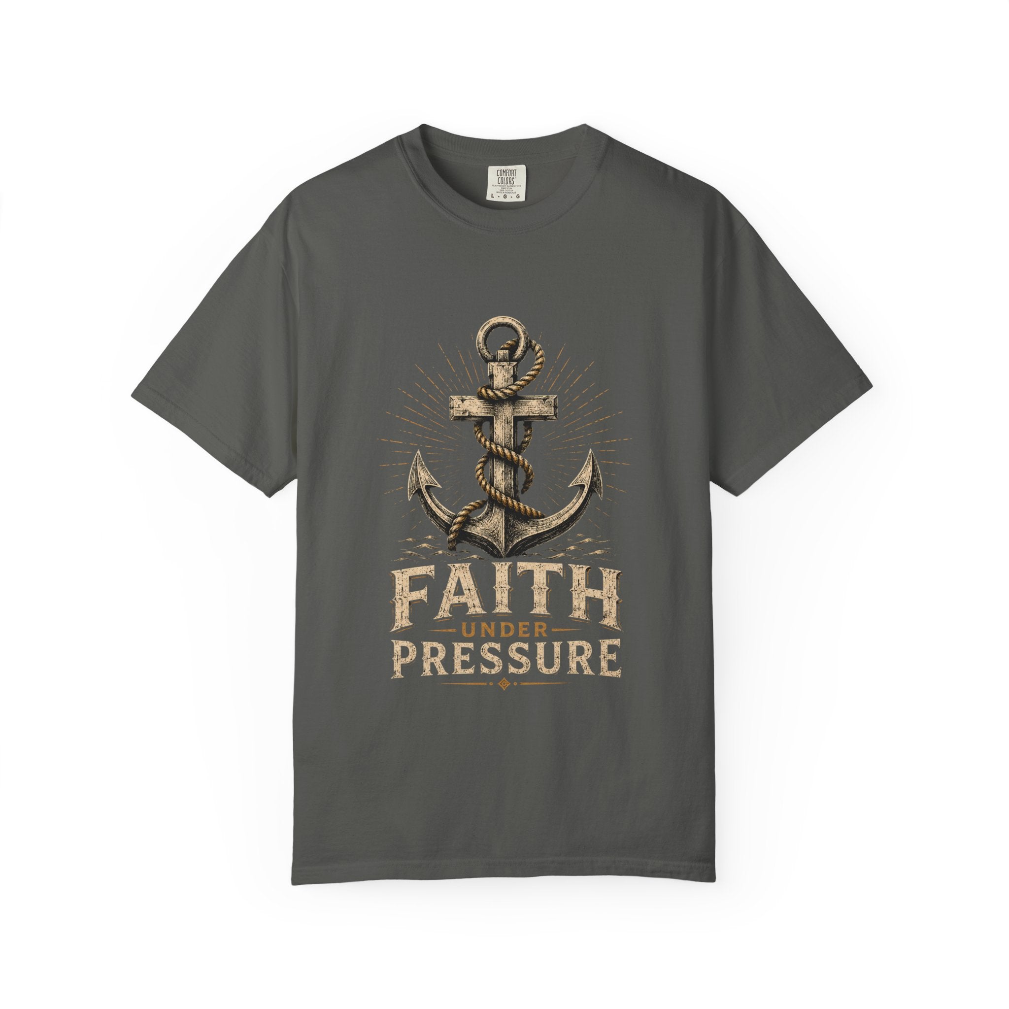 Faith Under Pressure Christian T-shirt with anchor and cross design