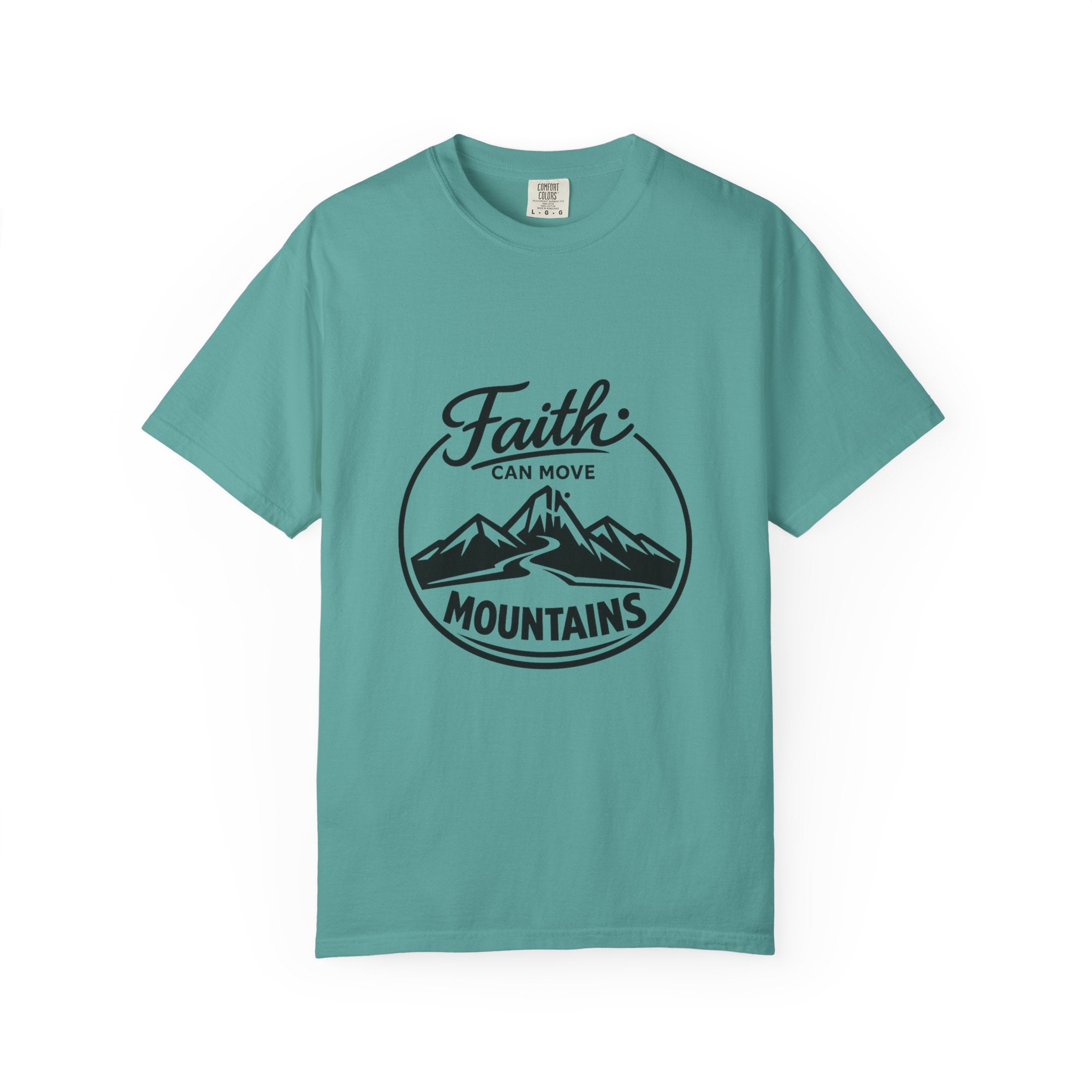 Teal t-shirt with black text on a white background