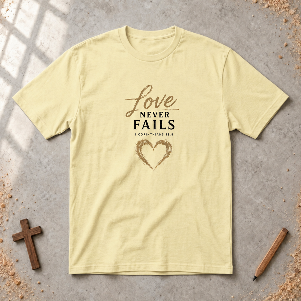 Love Never Fails — 1 Corinthians 13:8 Christian T-Shirt