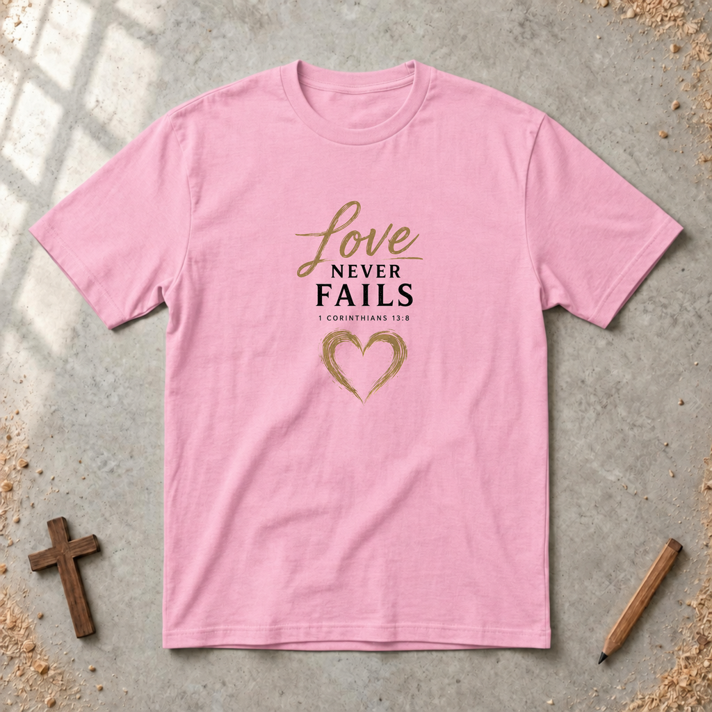 Love Never Fails — 1 Corinthians 13:8 Christian T-Shirt