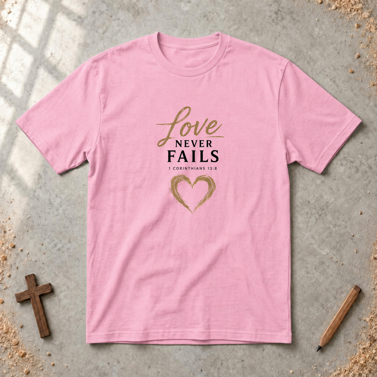 Love Never Fails — 1 Corinthians 13:8 Christian T-Shirt