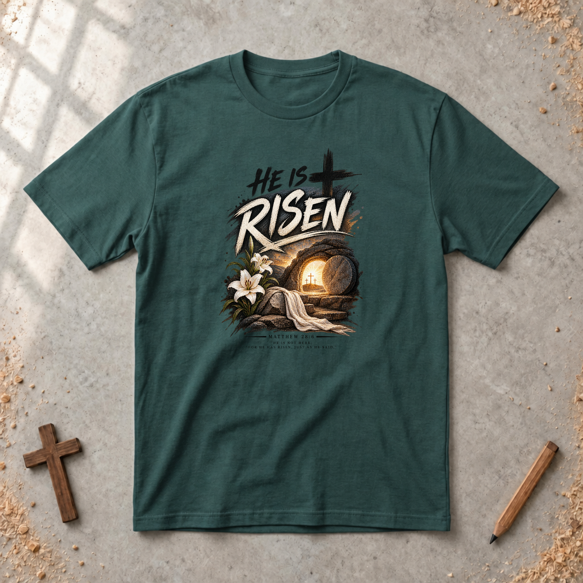 He Is Risen — Matthew 28:6 Resurrection T-Shirt