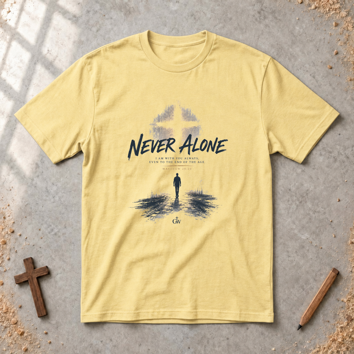 Never Alone — Matthew 28:20 Christian T-Shirt