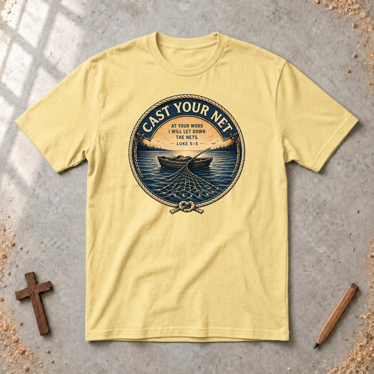 Cast Your Net — Luke 5:5 Christian Fishing T-Shirt