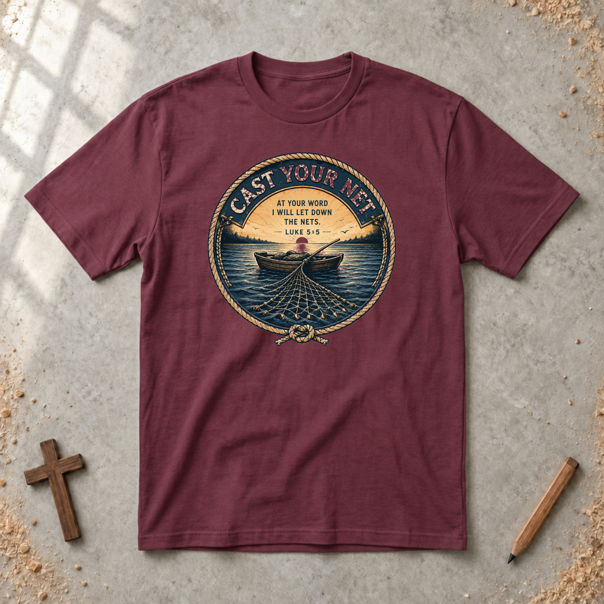Cast Your Net — Luke 5:5 Christian Fishing T-Shirt