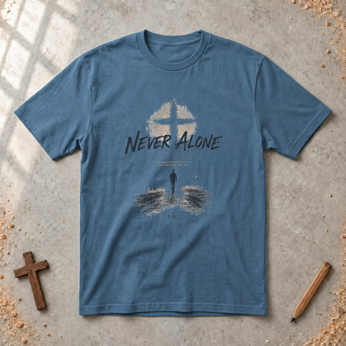 Never Alone — Matthew 28:20 Christian T-Shirt