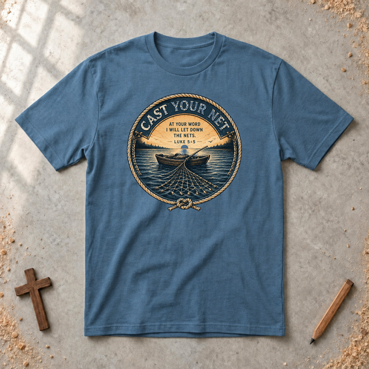 Cast Your Net — Luke 5:5 Christian Fishing T-Shirt