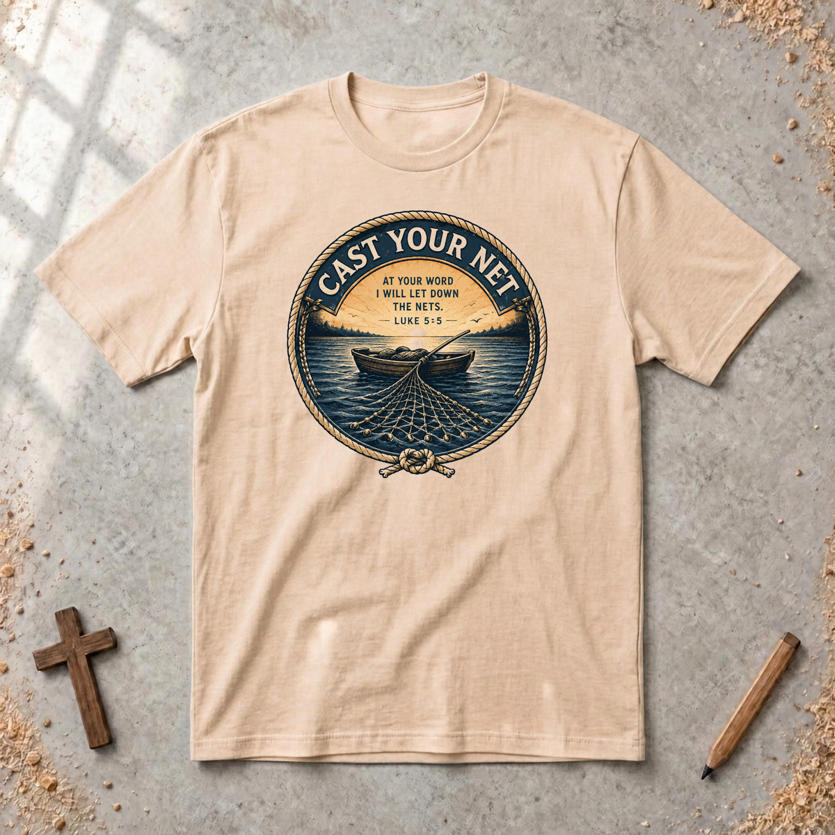 Cast Your Net — Luke 5:5 Christian Fishing T-Shirt