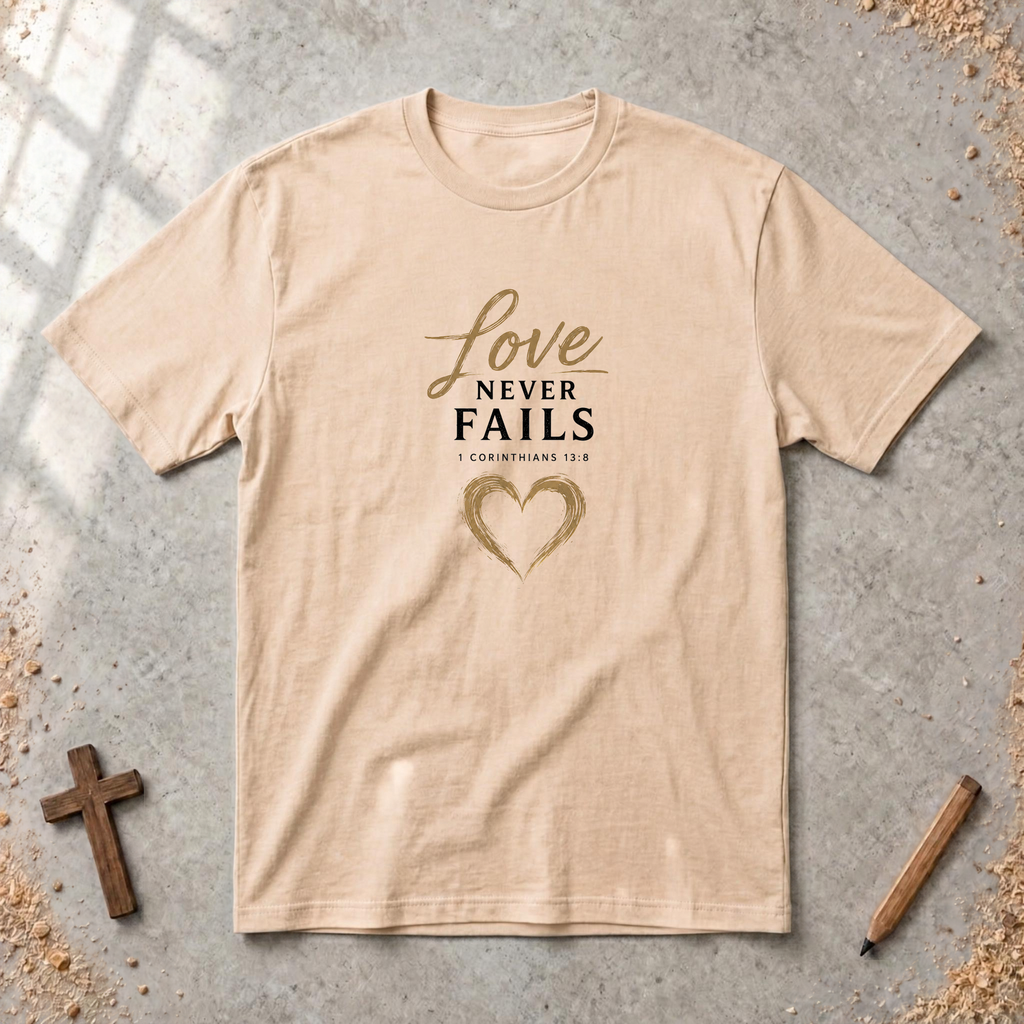 Love Never Fails — 1 Corinthians 13:8 Christian T-Shirt