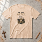 One Body, Many Parts — 1 Corinthians 12:12 Christian T-Shirt