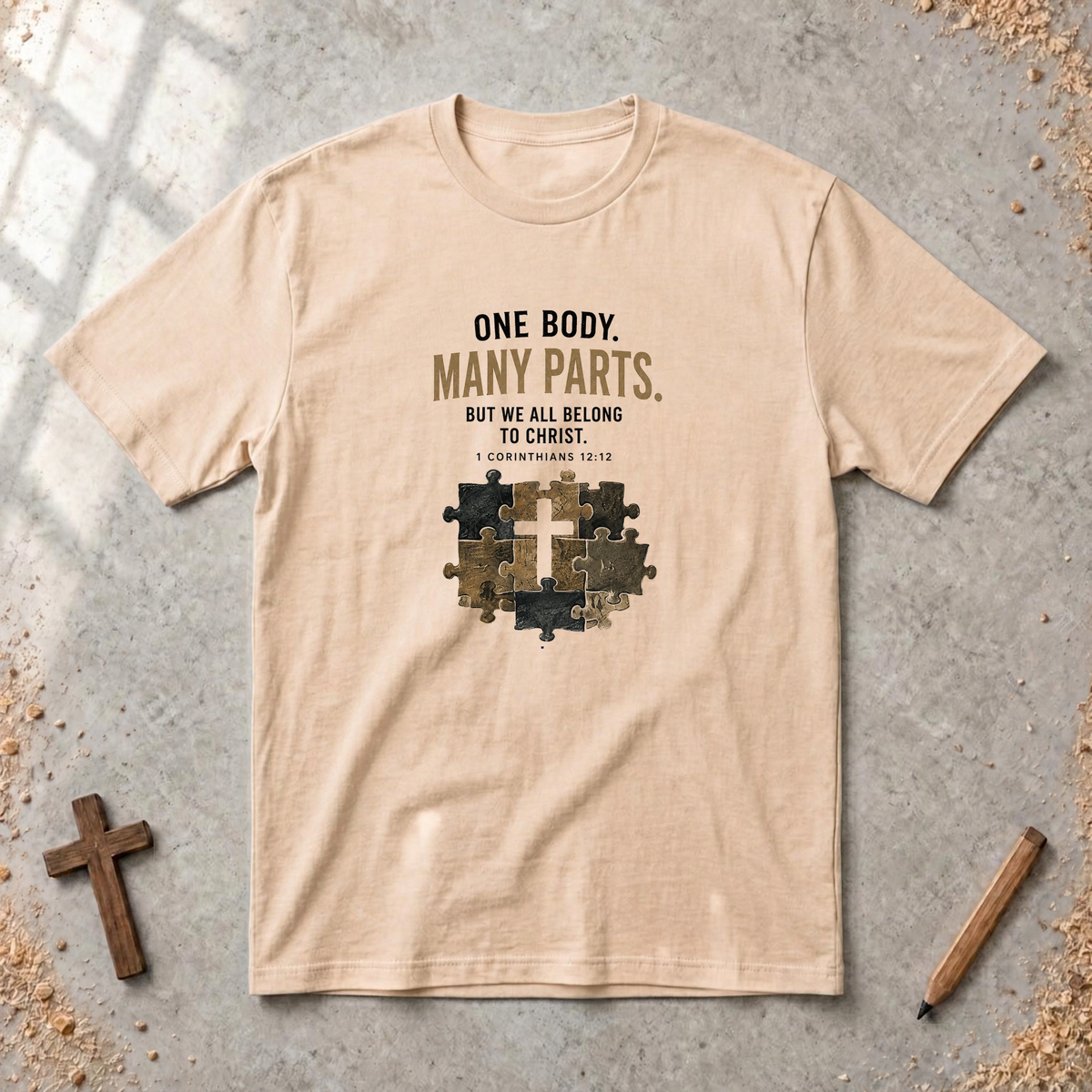 One Body, Many Parts — 1 Corinthians 12:12 Christian T-Shirt
