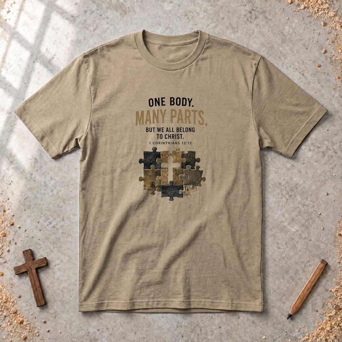 One Body, Many Parts — 1 Corinthians 12:12 Christian T-Shirt