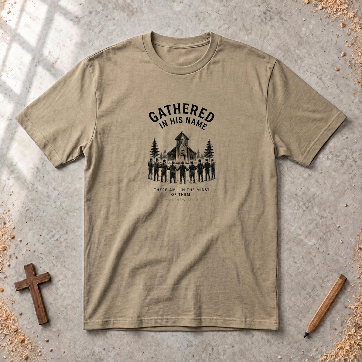 Gathered in His Name — Matthew 18:20 Christian T-Shirt
