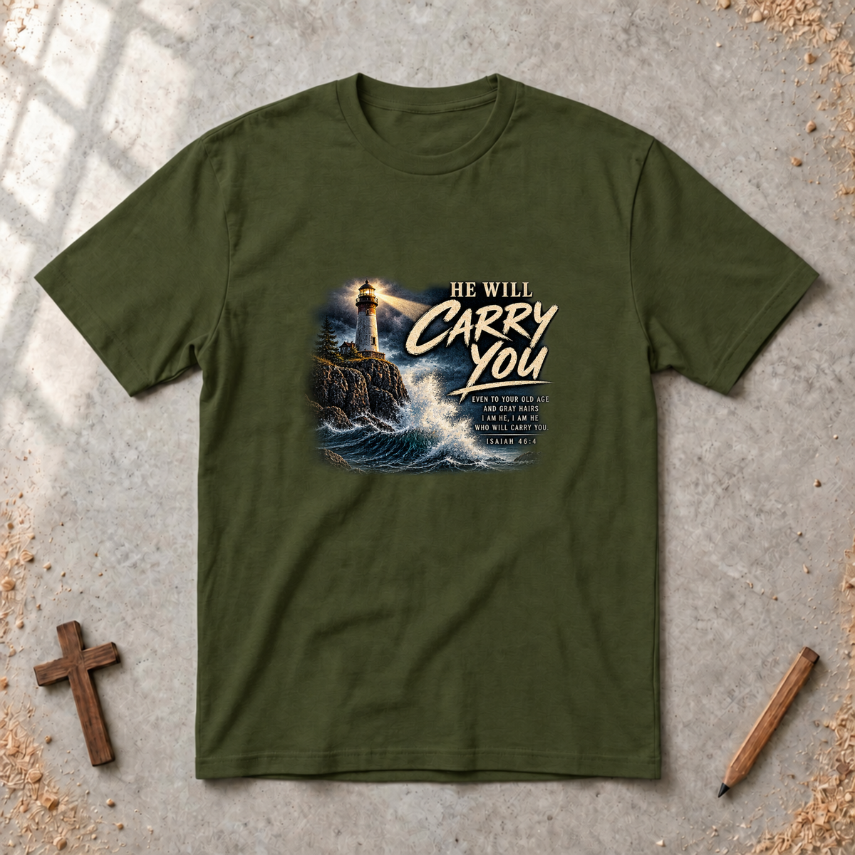 He Will Carry You — Isaiah 46:4 Christian Encouragement T-Shirt