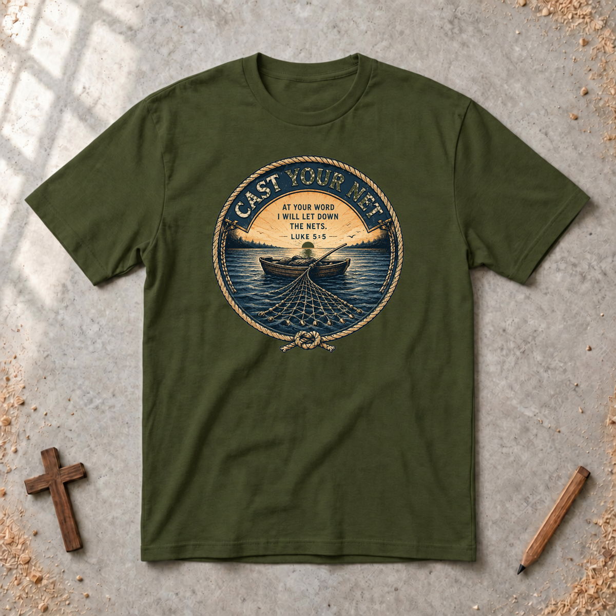 Cast Your Net — Luke 5:5 Christian Fishing T-Shirt
