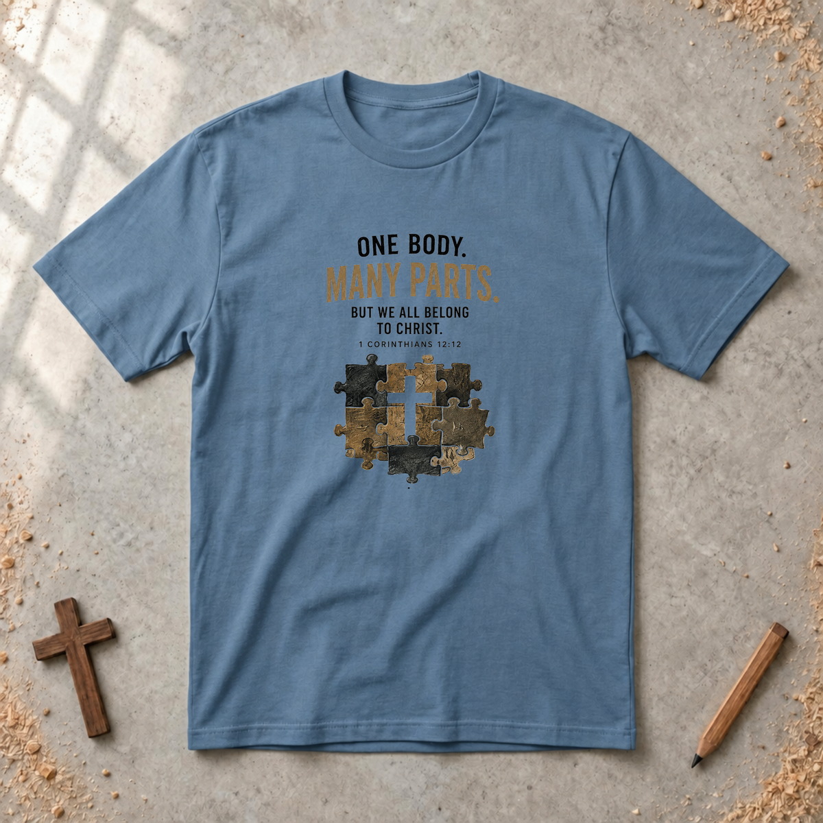One Body, Many Parts — 1 Corinthians 12:12 Christian T-Shirt