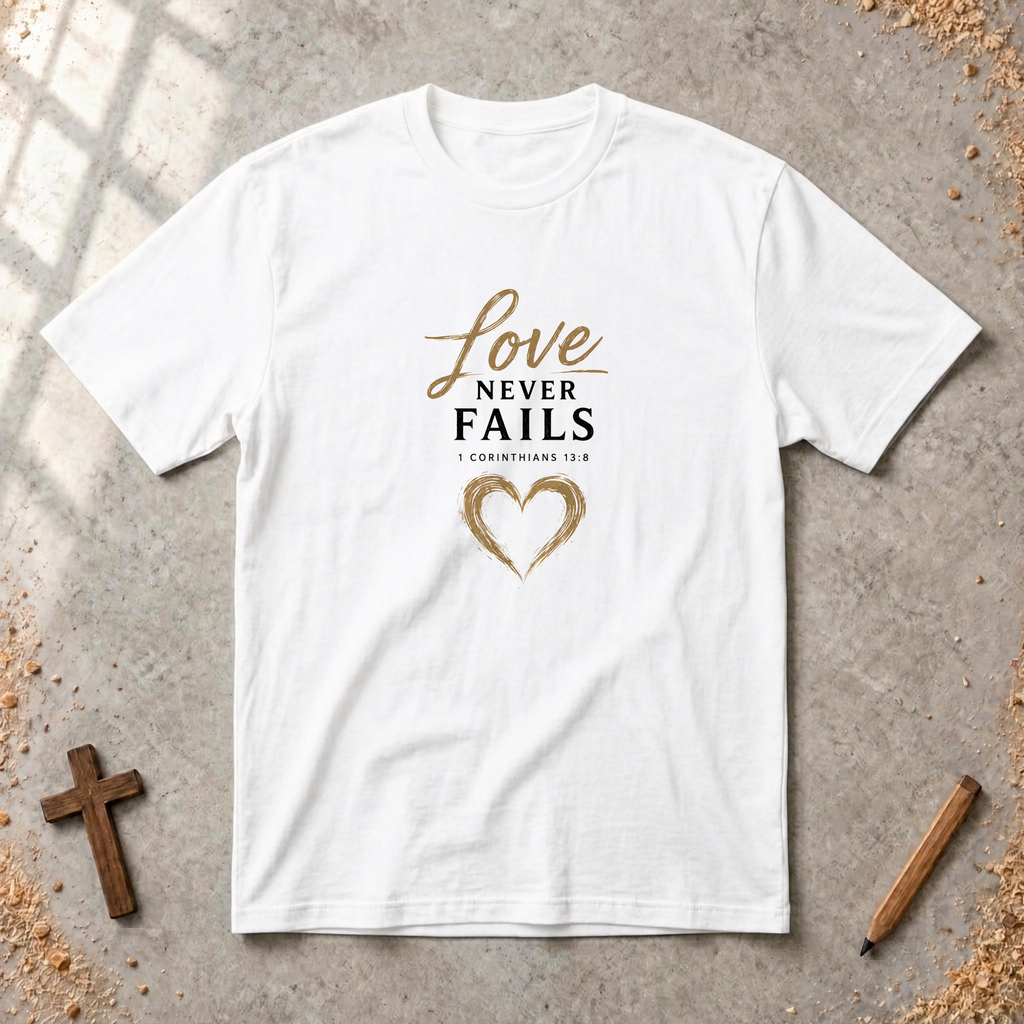 Love Never Fails — 1 Corinthians 13:8 Christian T-Shirt