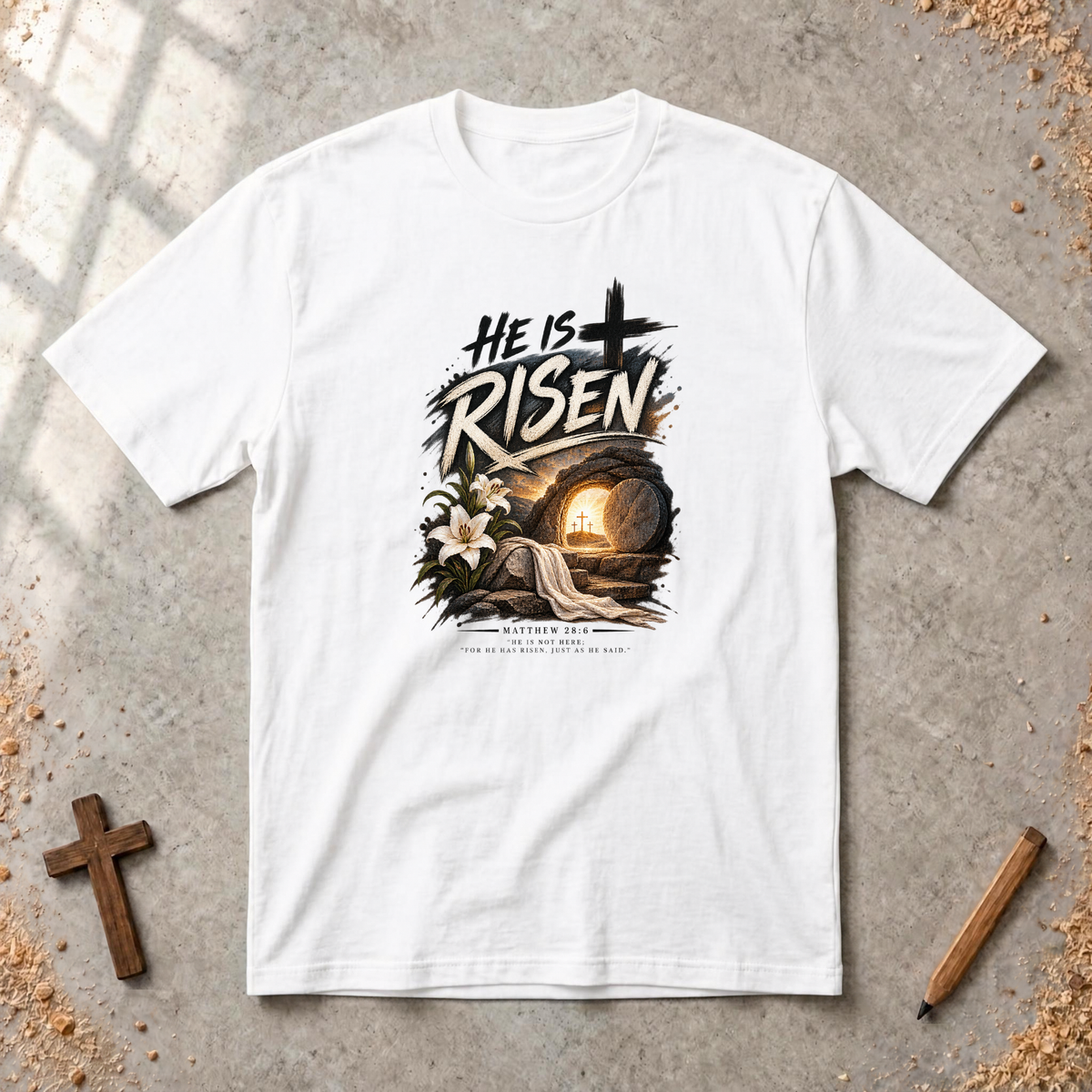 He Is Risen — Matthew 28:6 Resurrection T-Shirt