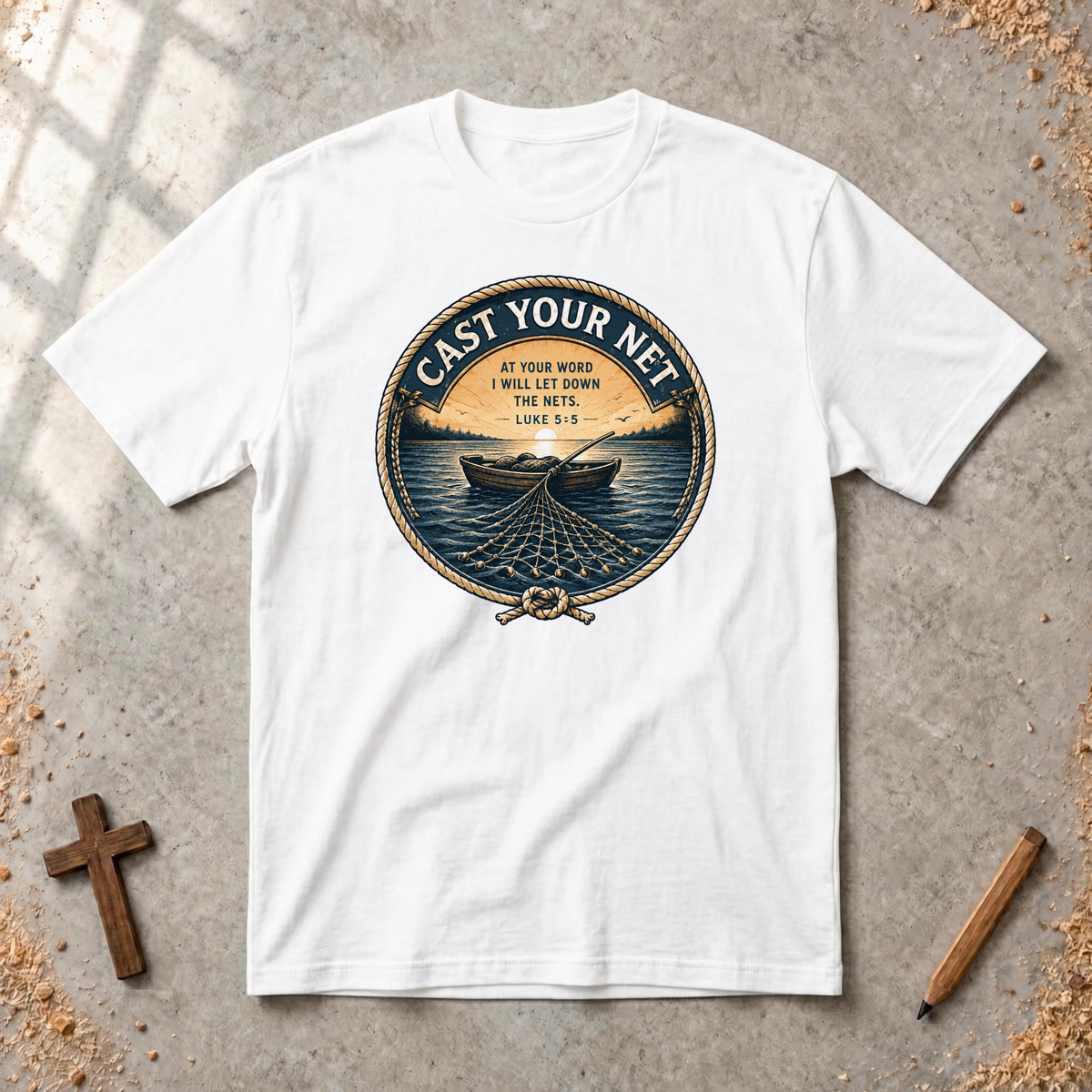 Cast Your Net — Luke 5:5 Christian Fishing T-Shirt