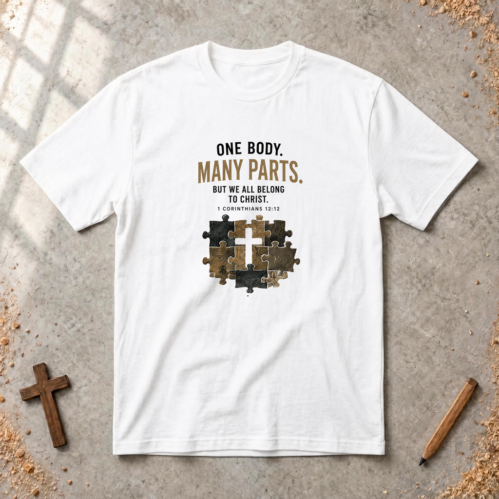 One Body, Many Parts — 1 Corinthians 12:12 Christian T-Shirt