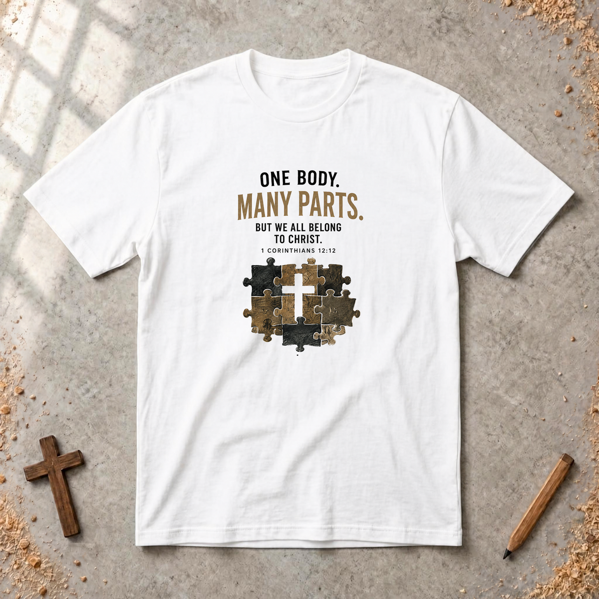 One Body, Many Parts — 1 Corinthians 12:12 Christian T-Shirt