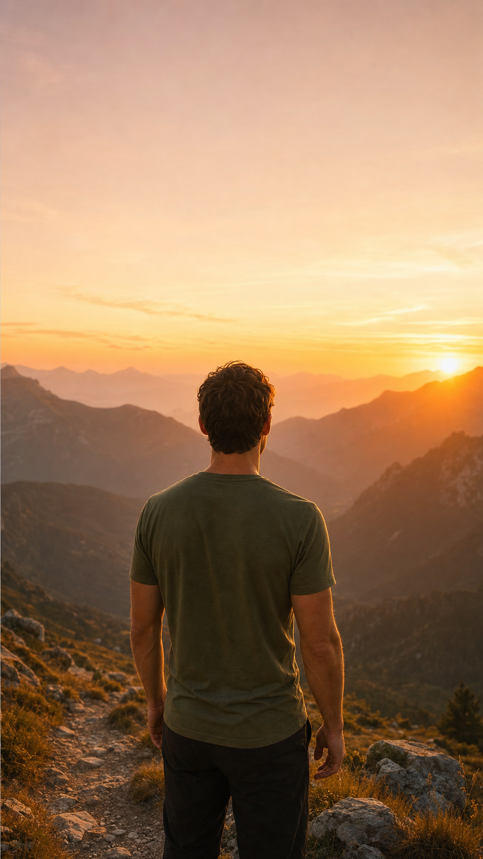 Mobile hero image — golden hour mountain trail vertical format