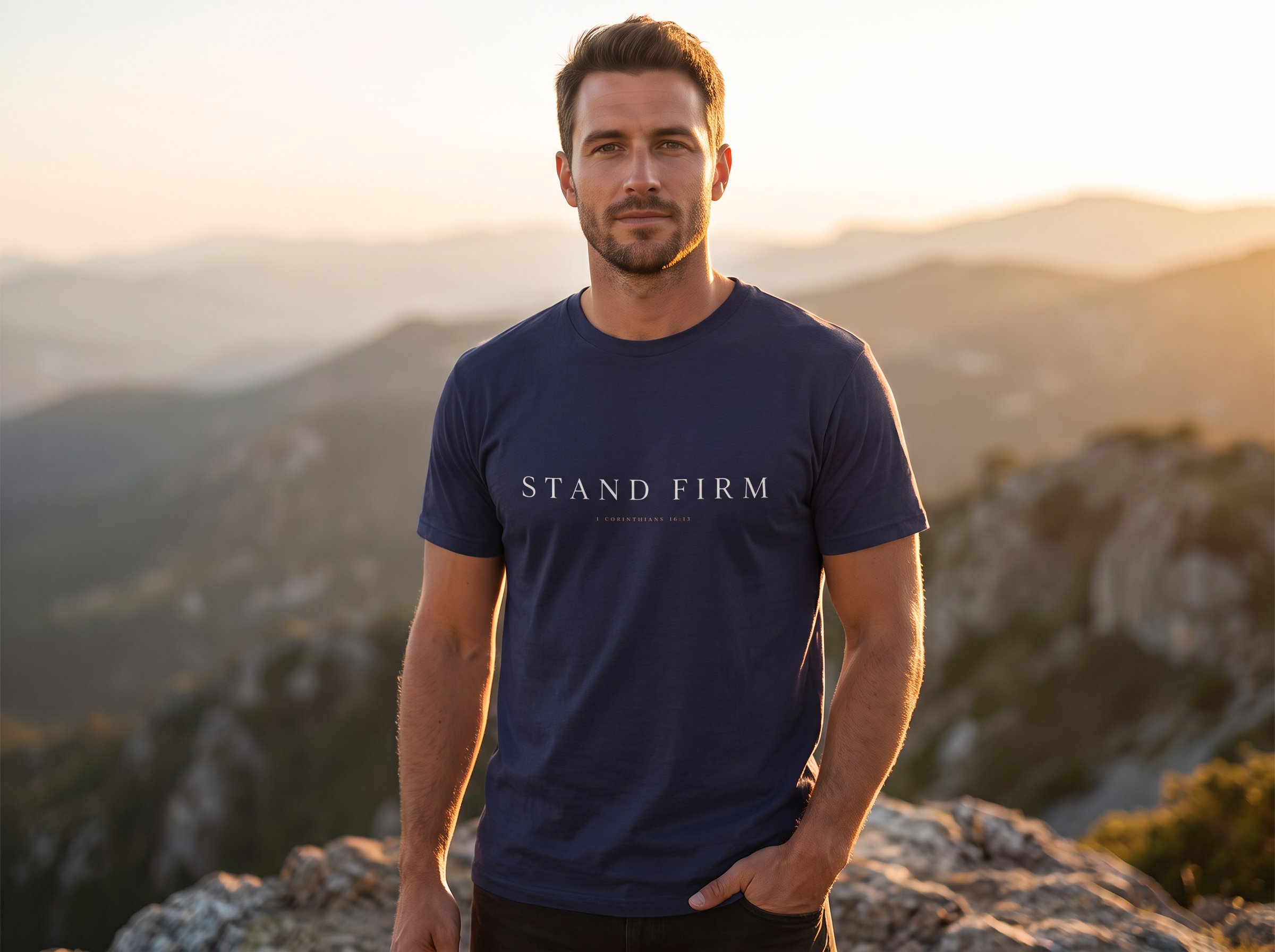 Man wearing Stand Firm t-shirt on a mountain overlook at sunset